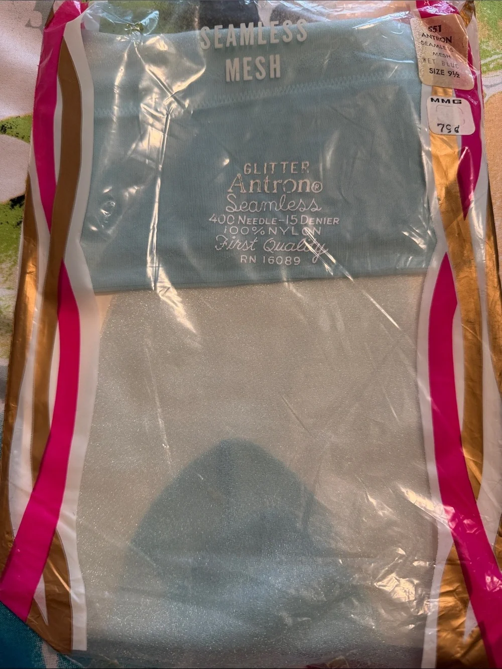 Dead Stock Vintage Seamless Mesh Sheer Light Blue Hosiery
